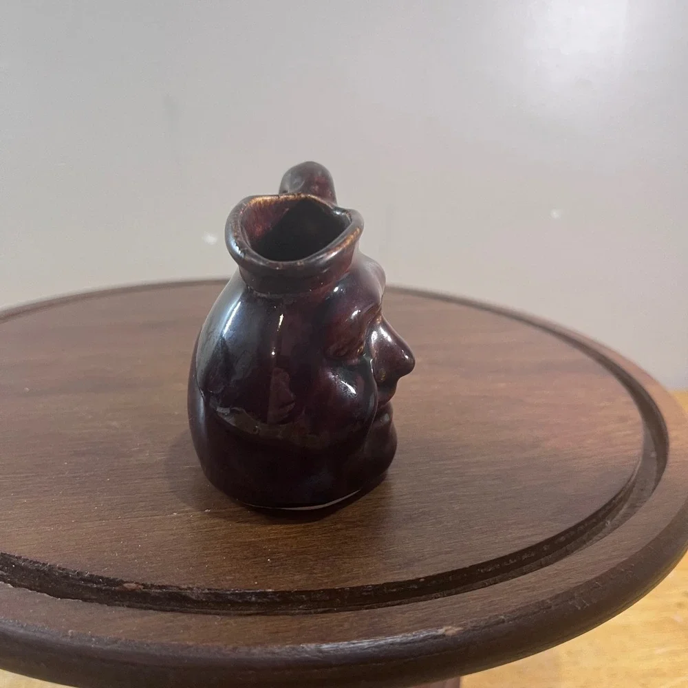 Vtg Brown Ceramic Mini Face Man Moon Jug Pitcher Drip Glaze Folk Art 3 Inch